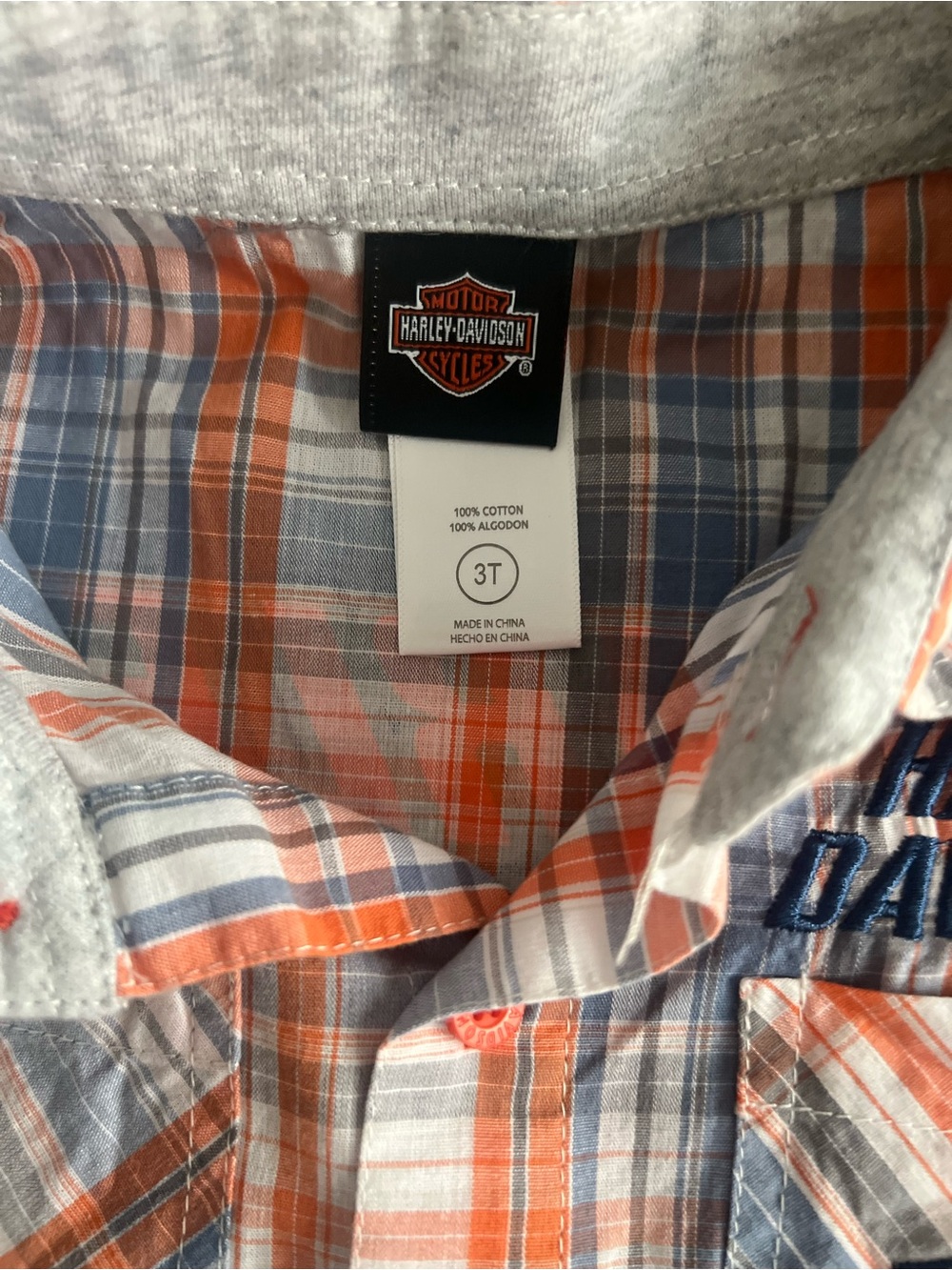 Harley-Davidson Boys' Orange and Blue Plaid Cotton Shirt new never worn no tags